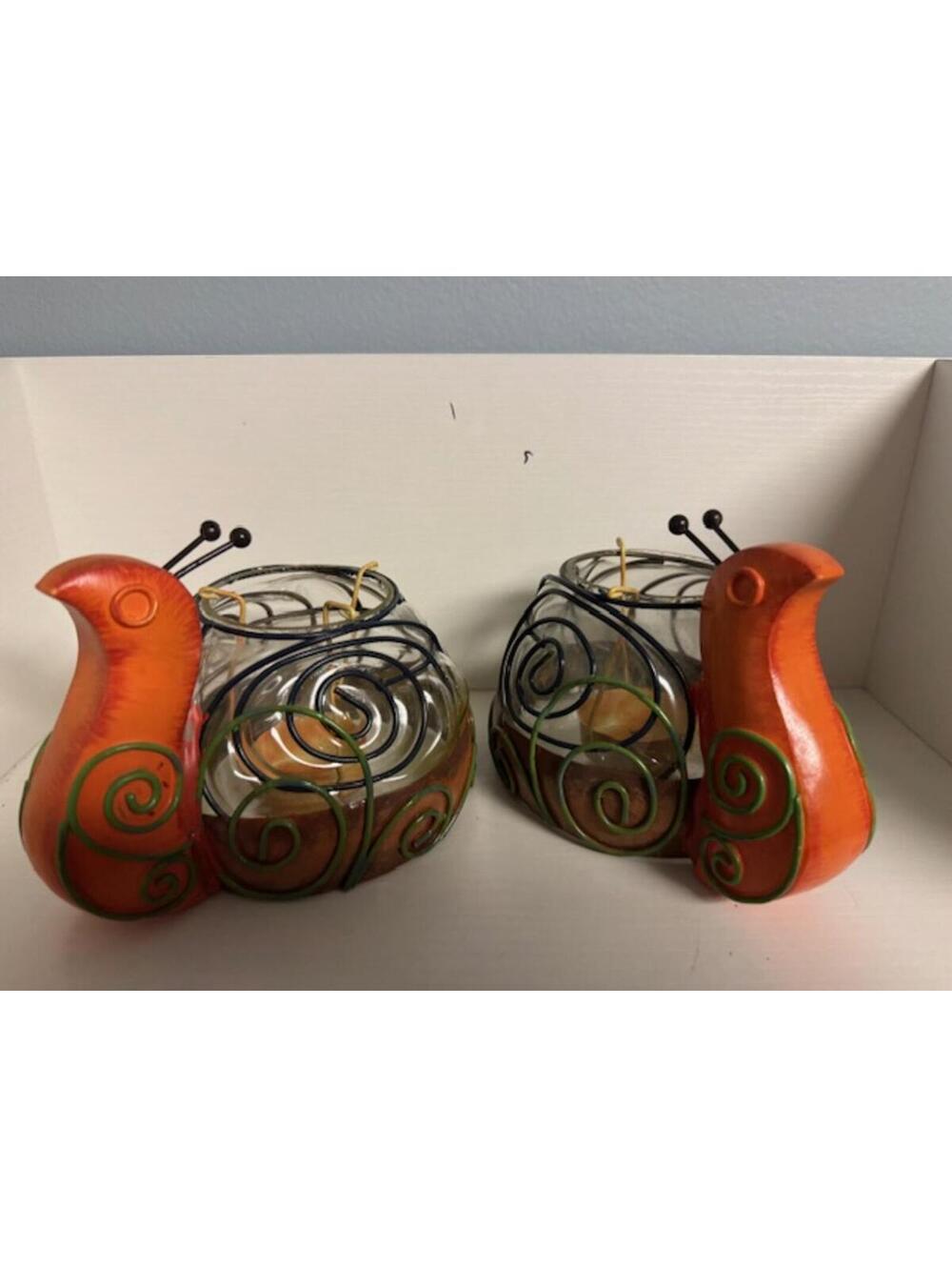 Pair of Whimsical Snail Candle Holders Glass & Metal Garden Decor